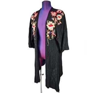 Umgee Black Floral Embroidered 3/4‎ Sleeve Duster Cardigan Size M/L Women's